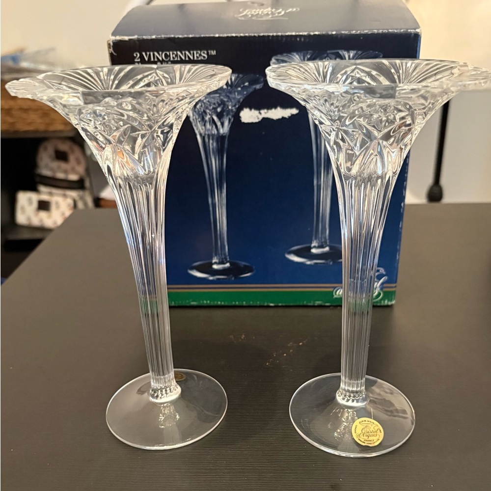 Cristal D’Aqrues Vincennes Crystal Candlestick Holders - Pair with Box